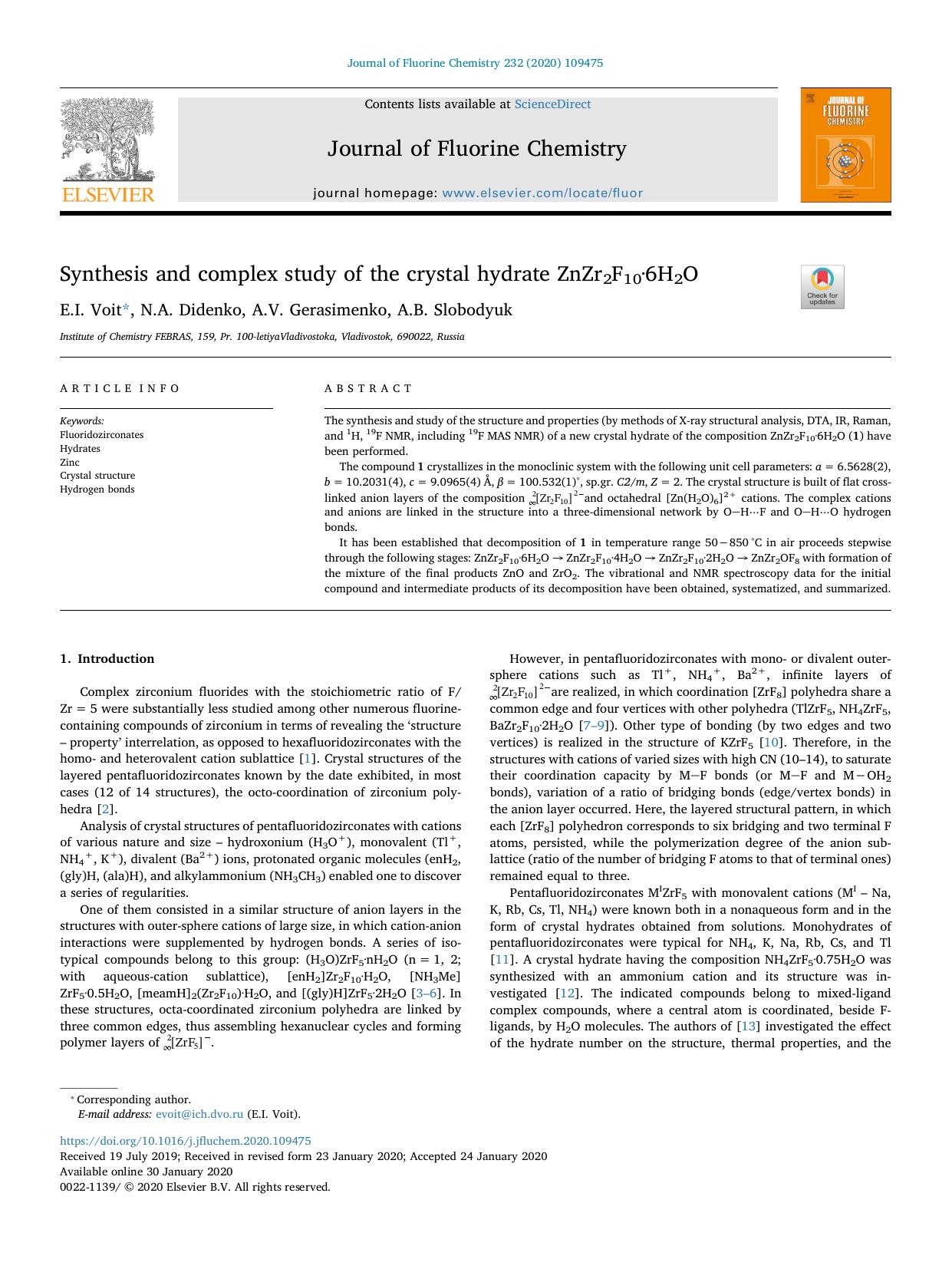 Synthesis and complex study of the crystal hydrate ZnZr2F10â6H2O by E.I. Voit & N.A. Didenko & A.V. Gerasimenko & A.B. Slobodyuk