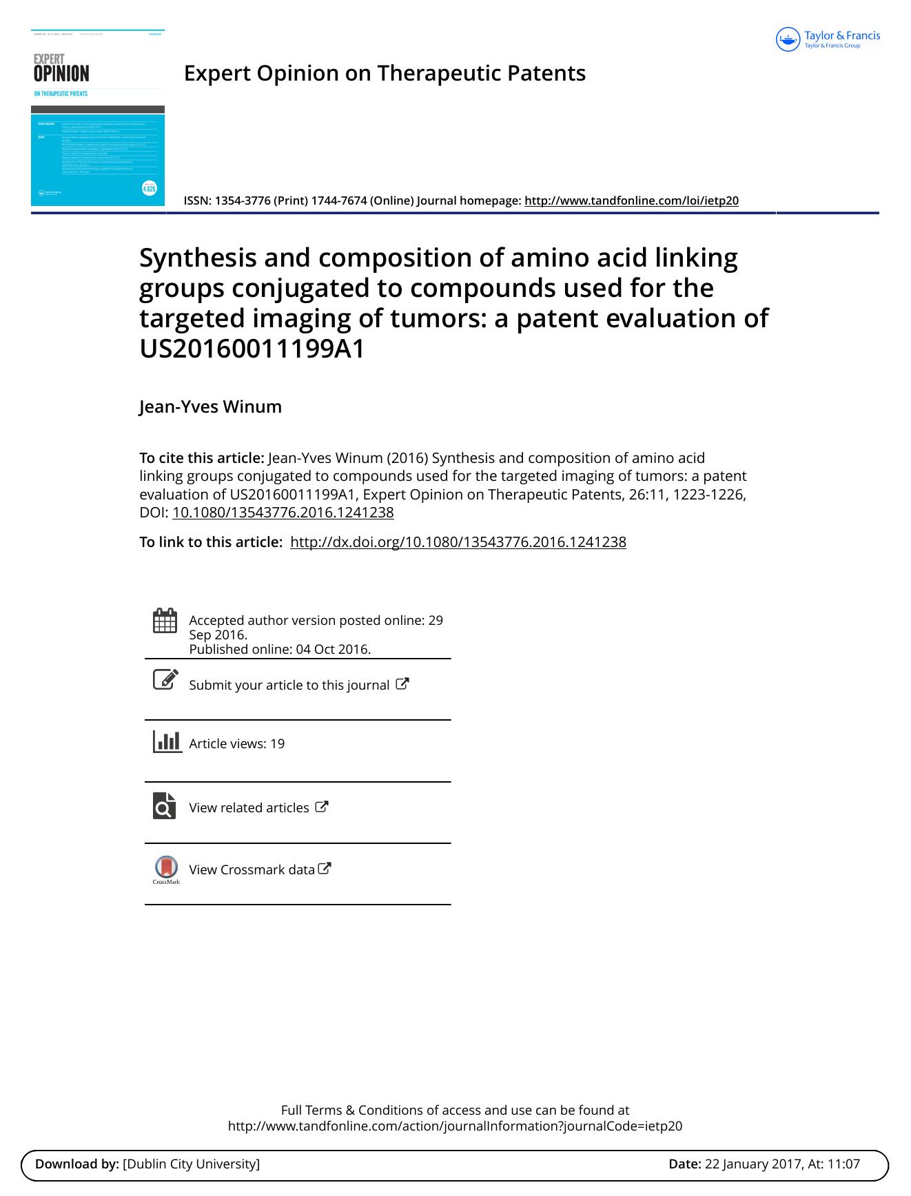 Synthesis and composition of amino acid linking groups conjugated to compounds used for the targeted imaging of tumors: a patent evaluation of US20160011199A1 by Jean-Yves Winum