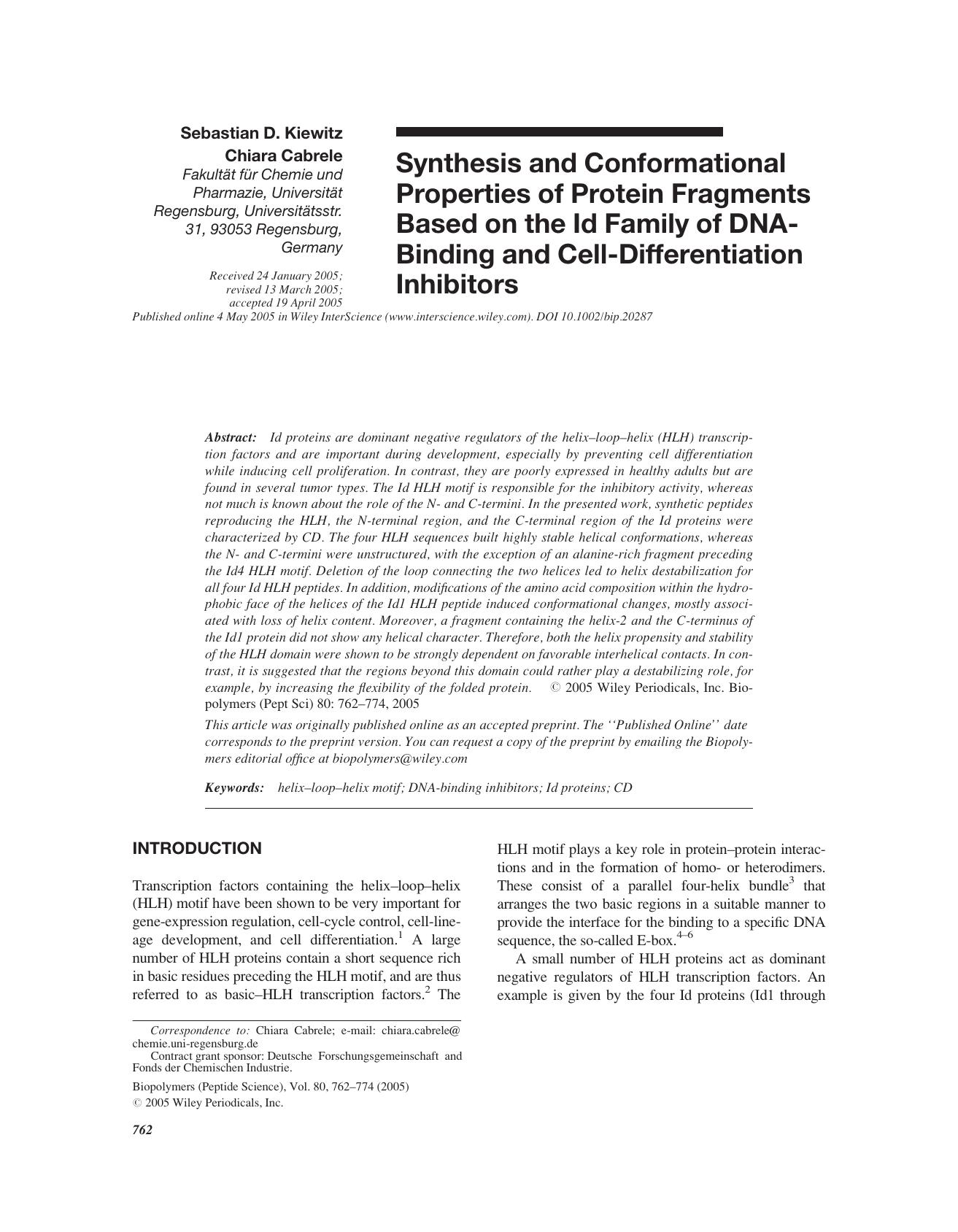 Synthesis and conformational properties of protein fragments based on the Id family of DNA-binding and cell-differentiation inhibitors by Unknown