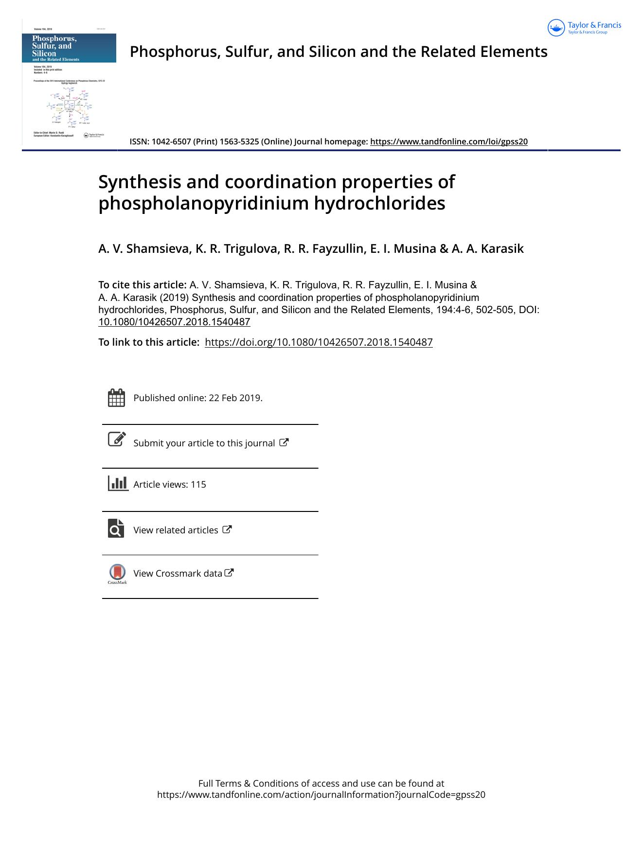 Synthesis and coordination properties of phospholanopyridinium hydrochlorides by Shamsieva A. V. & Trigulova K. R. & Fayzullin R. R. & Musina E. I. & Karasik A. A