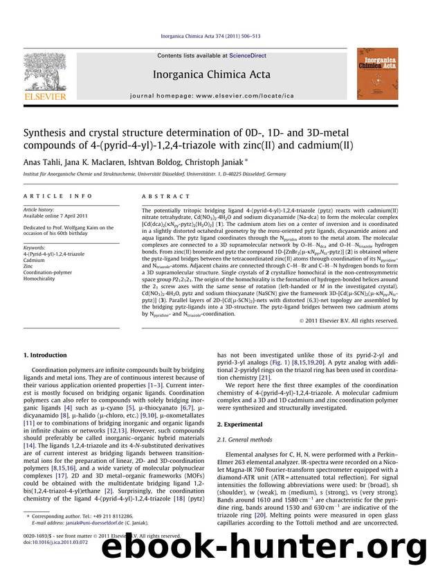 Synthesis and crystal structure determination of 0D-, 1D- and 3D-metal compounds of 4-(pyrid-4-yl)-1,2,4-triazole with zinc(II) and cadmium(II) by Anas Tahli & Jana K. Maclaren & Ishtvan Boldog & Christoph Janiak