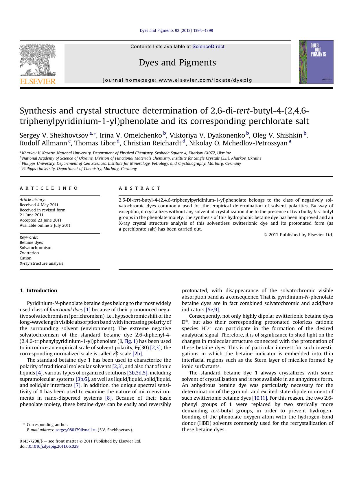 Synthesis and crystal structure determination of 2,6-di-tert-butyl-4-(2,4,6-triphenylpyridinium-1-yl)phenolate and its corresponding perchlorate salt by unknow