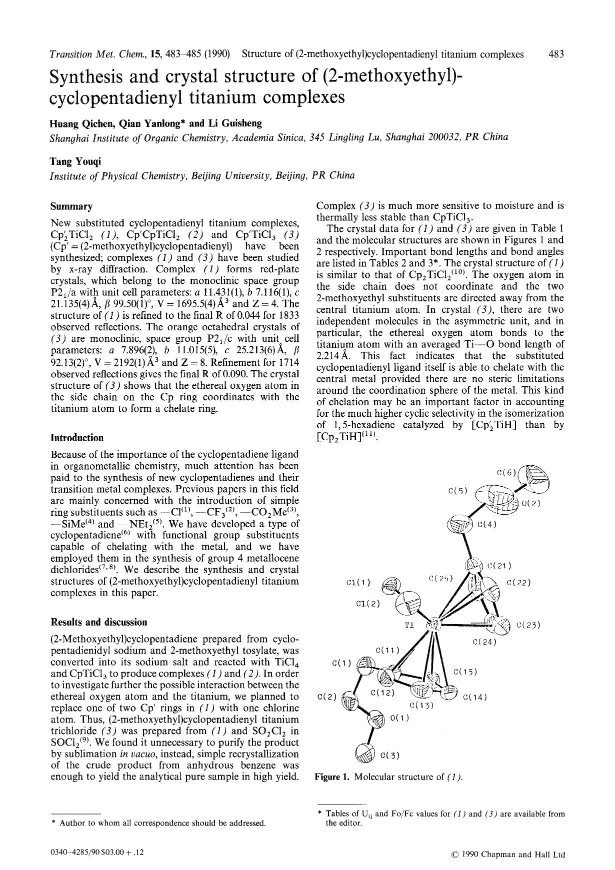 Synthesis and crystal structure of (2-methoxyethyl)-cyclopentadienyl titanium complexes by Unknown