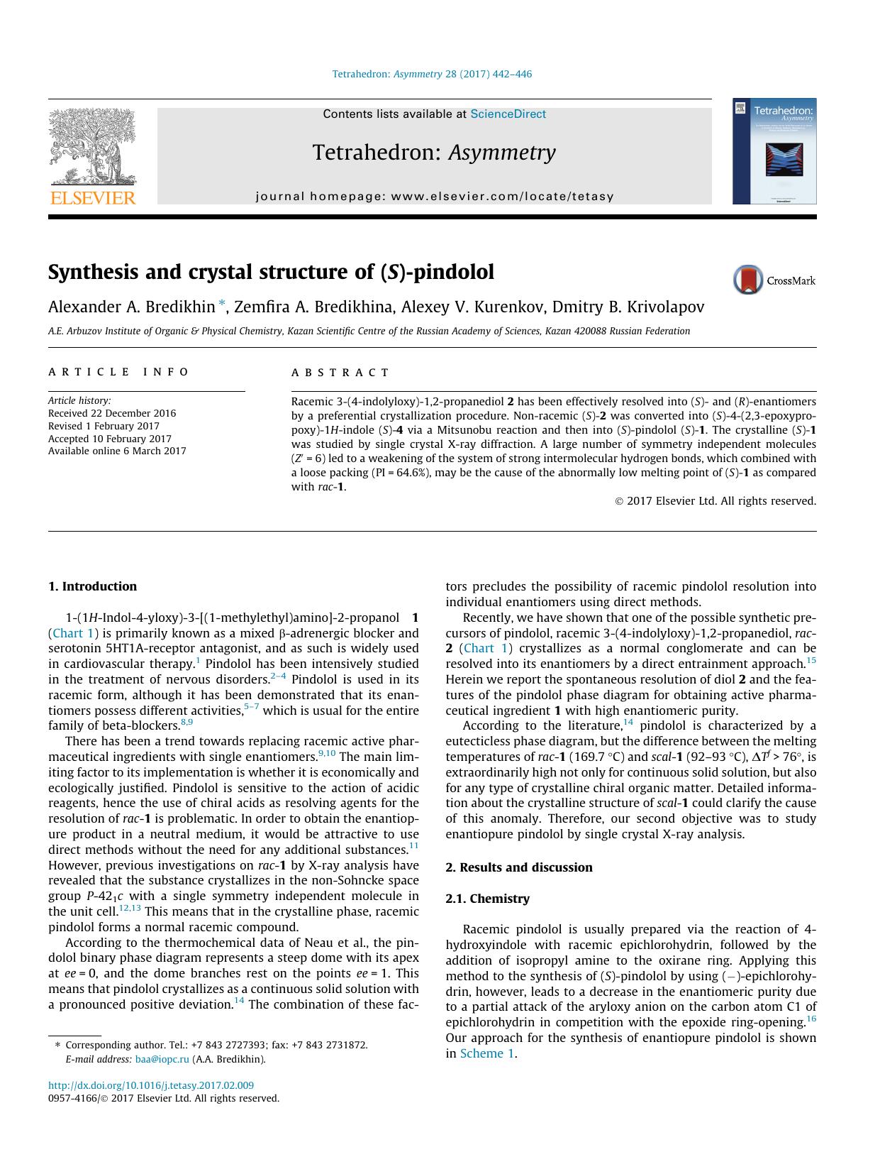 Synthesis and crystal structure of (S)-pindolol by Alexander A. Bredikhin & Zemfira A. Bredikhina & Alexey V. Kurenkov & Dmitry B. Krivolapov