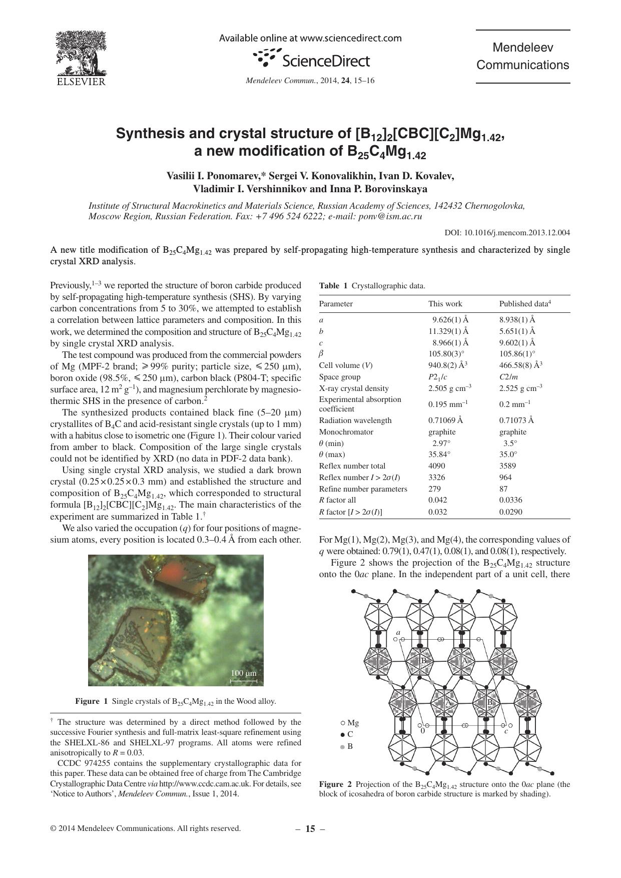 Synthesis and crystal structure of [B12]2[CBC][C2]Mg1.42â a new modification of B25C4Mg1.42 by unknow