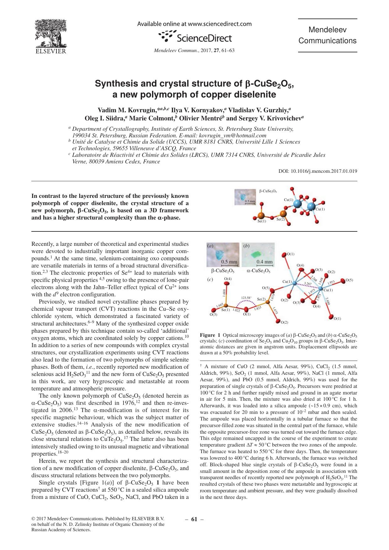 Synthesis and crystal structure of Î²-CuSe2O5, a new polymorph of copper diselenite by unknow