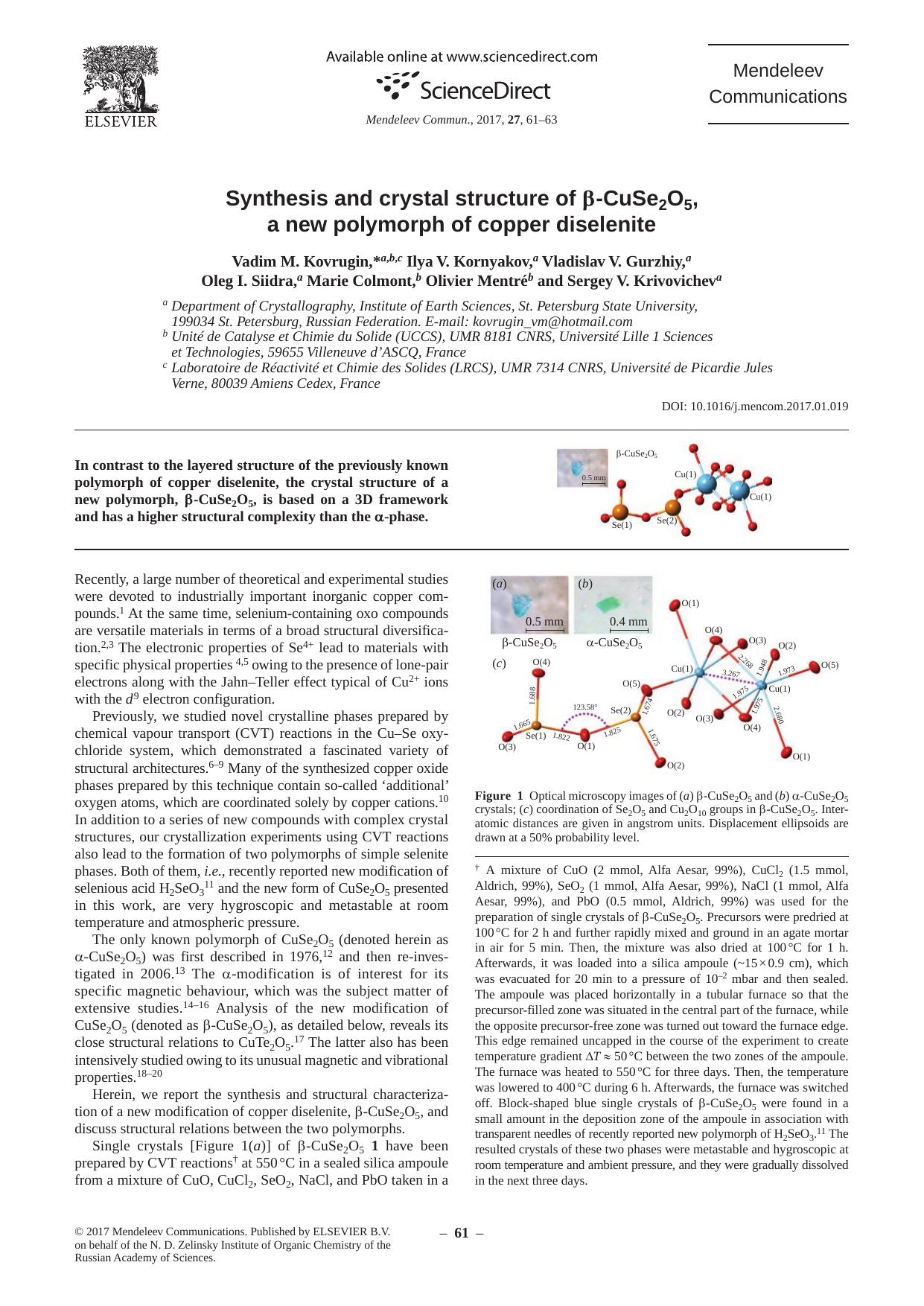 Synthesis and crystal structure of β-CuSe2O5, a new polymorph of copper diselenite by unknow