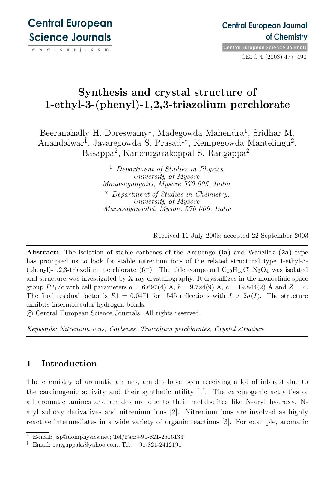 Synthesis and crystal structure of 1-ethyl-3-(phenyl)-1,2,3-triazolium perchlorate by Unknown