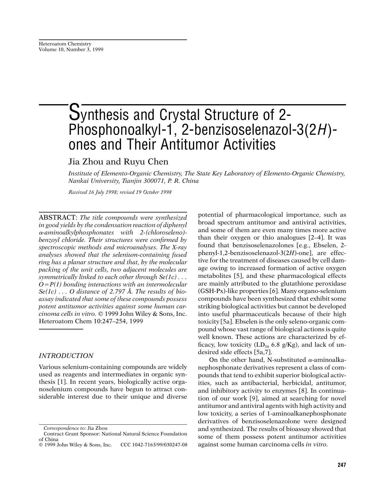 Synthesis and crystal structure of 2-phosphonoalkyl-1, 2-benzisoselenazol-3(2H)-ones and their antitumor activities by Unknown