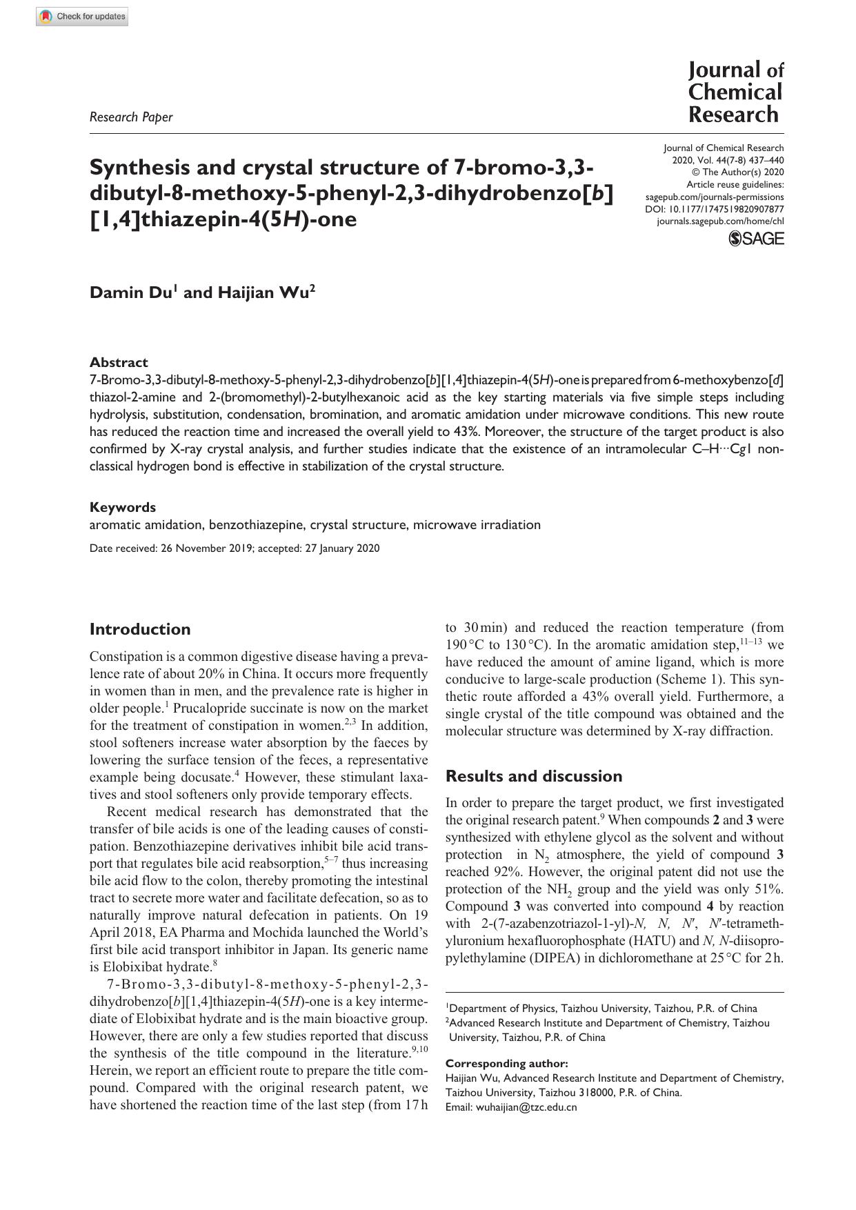 Synthesis and crystal structure of 7-bromo-3,3-dibutyl-8-methoxy-5-phenyl-2,3-dihydrobenzo[b][1,4]thiazepin-4(5H)-one by Damin Du & Haijian Wu