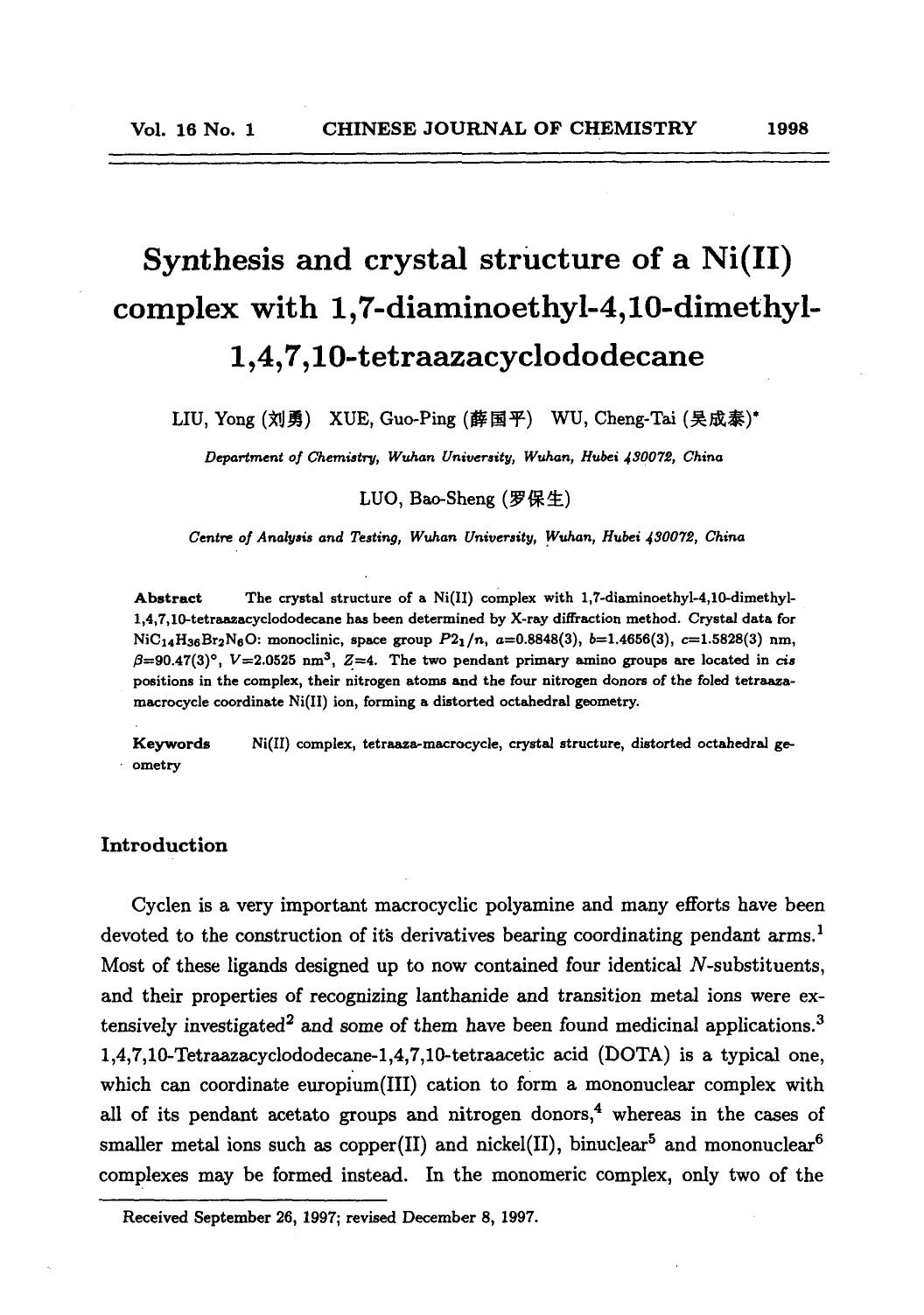 Synthesis and crystal structure of a Ni(II) complex with 1,7diaminoethyl4,10dimethyl1,4,7,10tetraazacyclododecane by Unknown