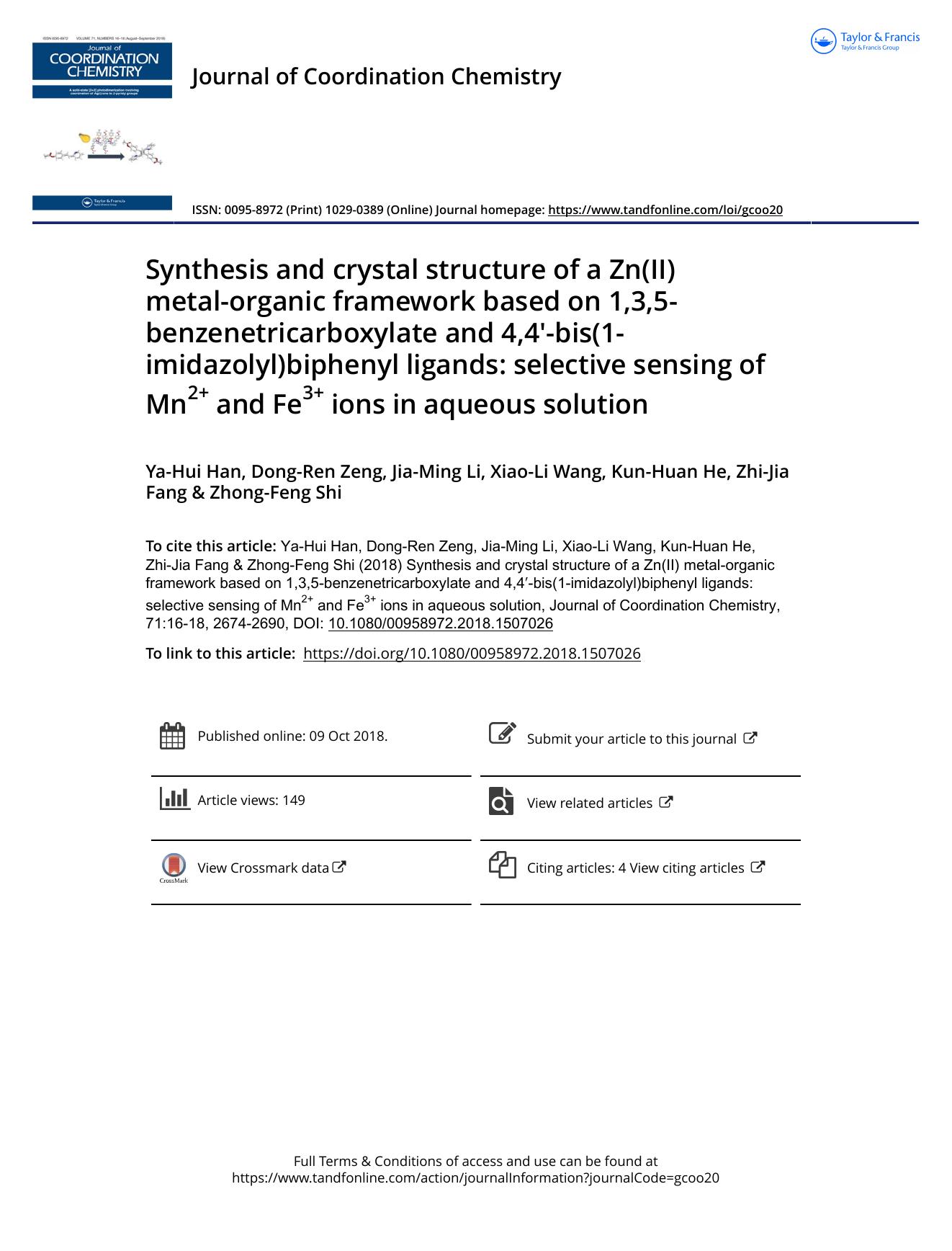 Synthesis and crystal structure of a Zn(II) metal-organic framework based on 1,3,5-benzenetricarboxylate and 4,4â²-bis(1-imidazolyl)biphenyl ligands: selective sensing of Mn2+ and by unknow