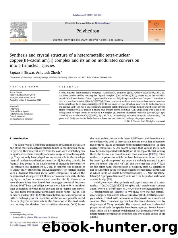 Synthesis and crystal structure of a heterometallic tetra-nuclear copper(II)Ã¢â¬âcadmium(II) complex and its anion modulated conversion into a trinuclear species by Saptarshi Biswas & Ashutosh Ghosh