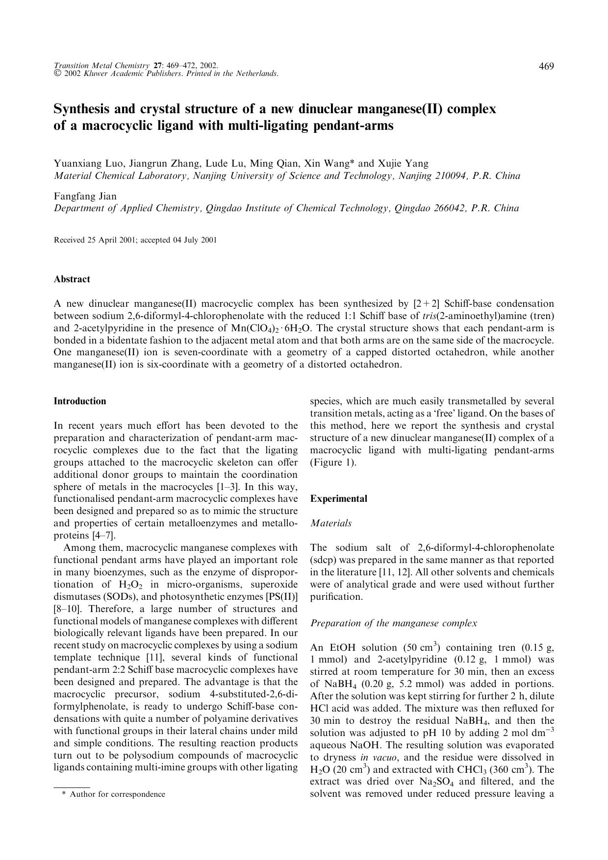 Synthesis and crystal structure of a new dinuclear manganese(II) complex of a macrocyclic ligand with multi-ligating pendant-arms by Unknown