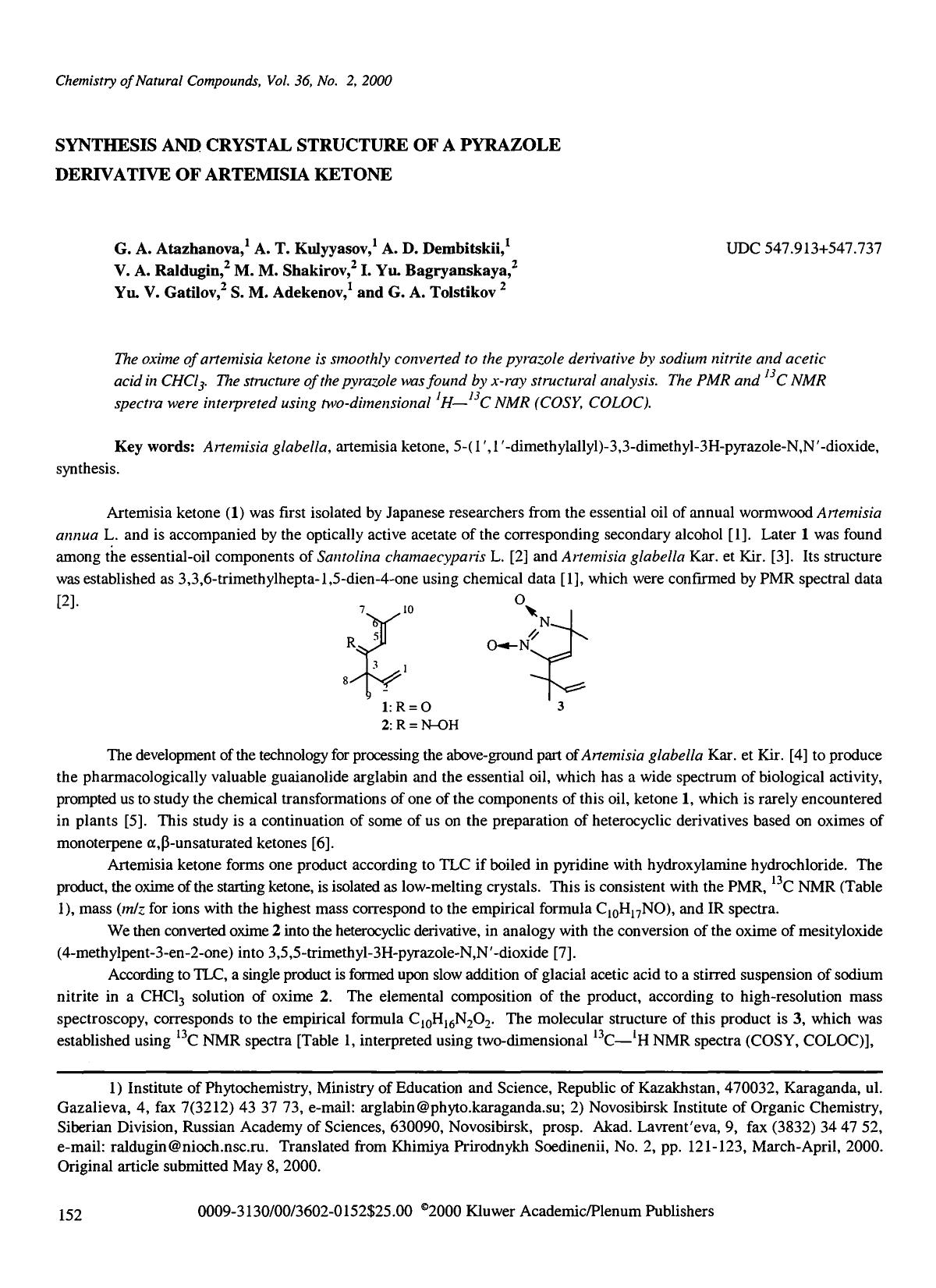 Synthesis and crystal structure of a pyrazole derivative of artemisia ketone by Unknown