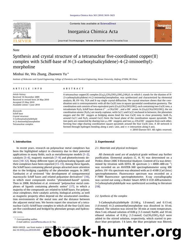 Synthesis and crystal structure of a tetranuclear five-coordinated copper(II) complex with Schiff-base of N-(3-carboxylsalicylidene)-4-(2-iminoethyl)-morpholine by Minhui He & Wu Zhang & Zhaowen Yu