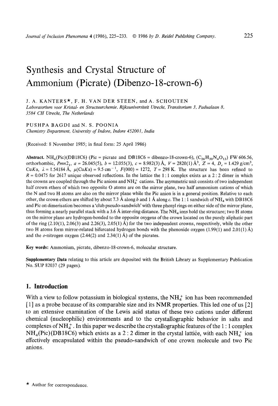 Synthesis and crystal structure of ammonium (picrate) (dibenzo-18-crown-6) by Unknown