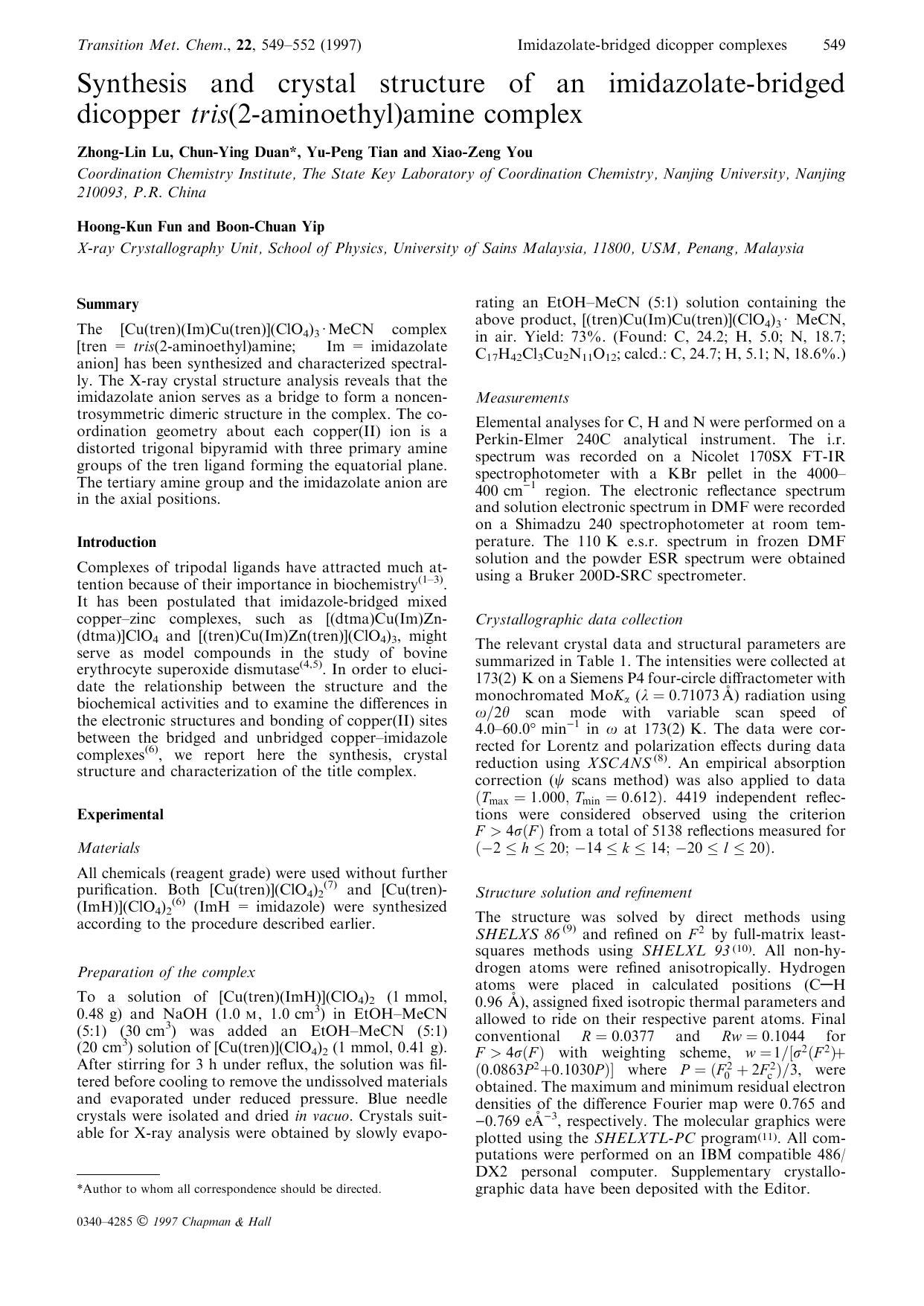 Synthesis and crystal structure of an imidazolate-bridged dicopper tris(2-aminoethyl)amine complex by Unknown