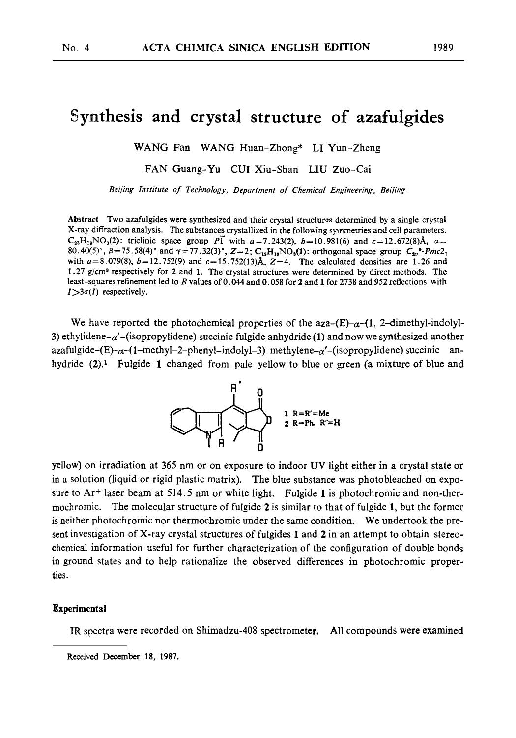 Synthesis and crystal structure of azafulgides by Unknown