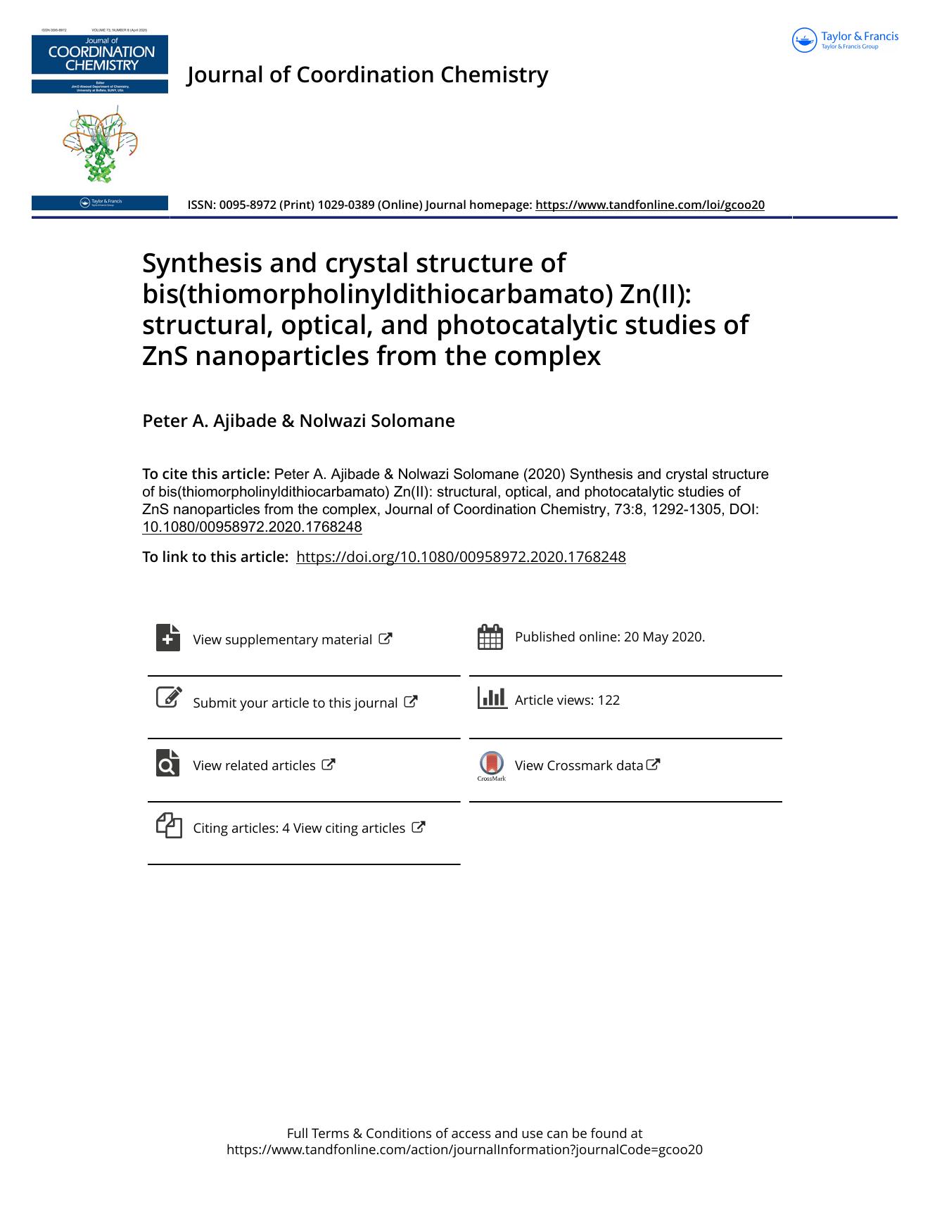 Synthesis and crystal structure of bis(thiomorpholinyldithiocarbamato) Zn(II): structural, optical, and photocatalytic studies of ZnS nanoparticles from the complex by Ajibade Peter A. & Solomane Nolwazi