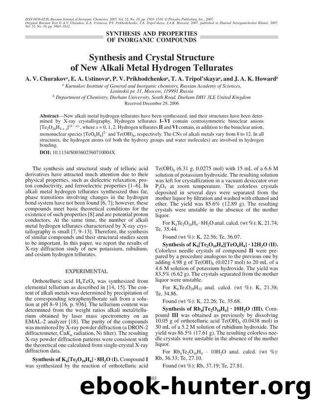 Synthesis and crystal structure of new alkali metal hydrogen tellurates by Unknown