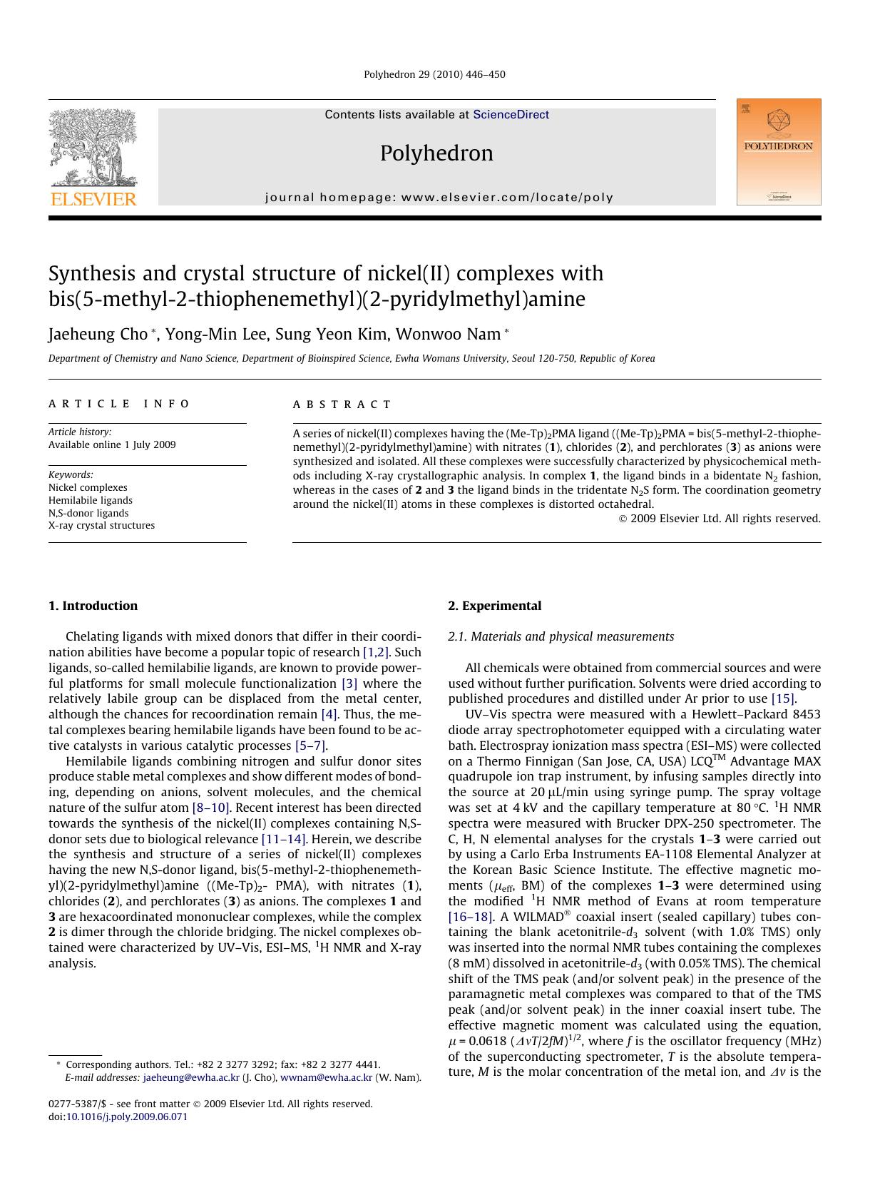 Synthesis and crystal structure of nickel(II) complexes with bis(5-methyl-2-thiophenemethyl)(2-pyridylmethyl)amine by Jaeheung Cho; Yong-Min Lee; Sung Yeon Kim; Wonwoo Nam