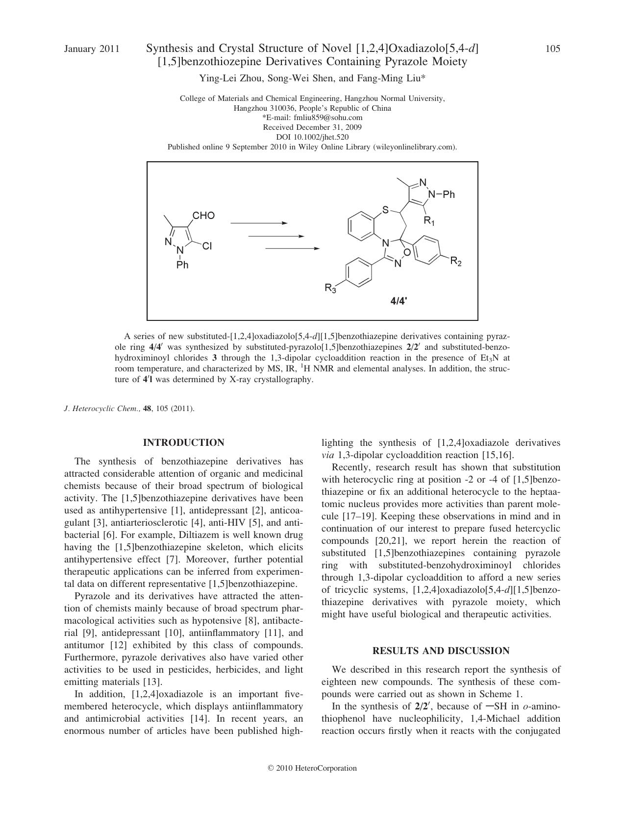 Synthesis and crystal structure of novel [1,2,4]oxadiazolo[5,4d][1,5]benzothiozepine derivatives containing pyrazole moiety by Unknown