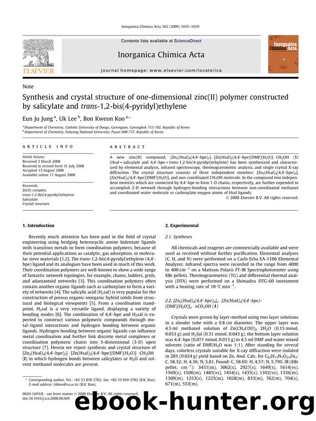 Synthesis and crystal structure of one-dimensional zinc(II) polymer constructed by salicylate and trans-1,2-bis(4-pyridyl)ethylene by Eun Ju Jung; Uk Lee; Bon Kweon Koo