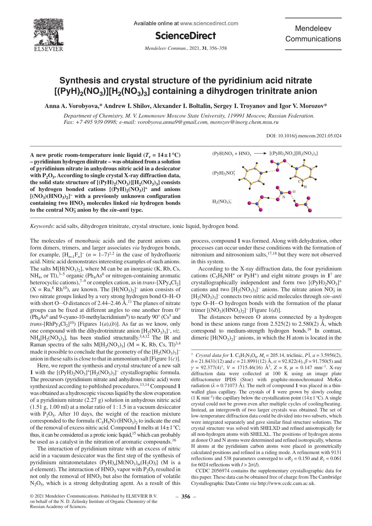 Synthesis and crystal structure of the pyridinium acid nitrate [(PyH)2(NO3)][H2(NO3)3] containing a dihydrogen trinitrate anion by Anna A. Vorobyova & Andrew I. Shilov & Alexander I. Boltalin & Sergey I. Troyanov & Igor V. Morozov