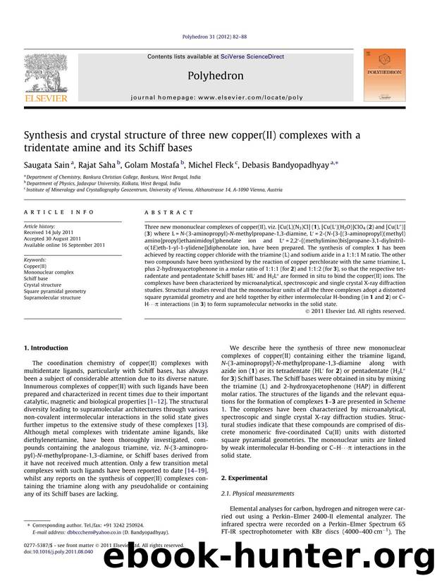 Synthesis and crystal structure of three new copper(II) complexes with a tridentate amine and its Schiff bases by Saugata Sain & Rajat Saha & Golam Mostafa & Michel Fleck & Debasis Bandyopadhyay