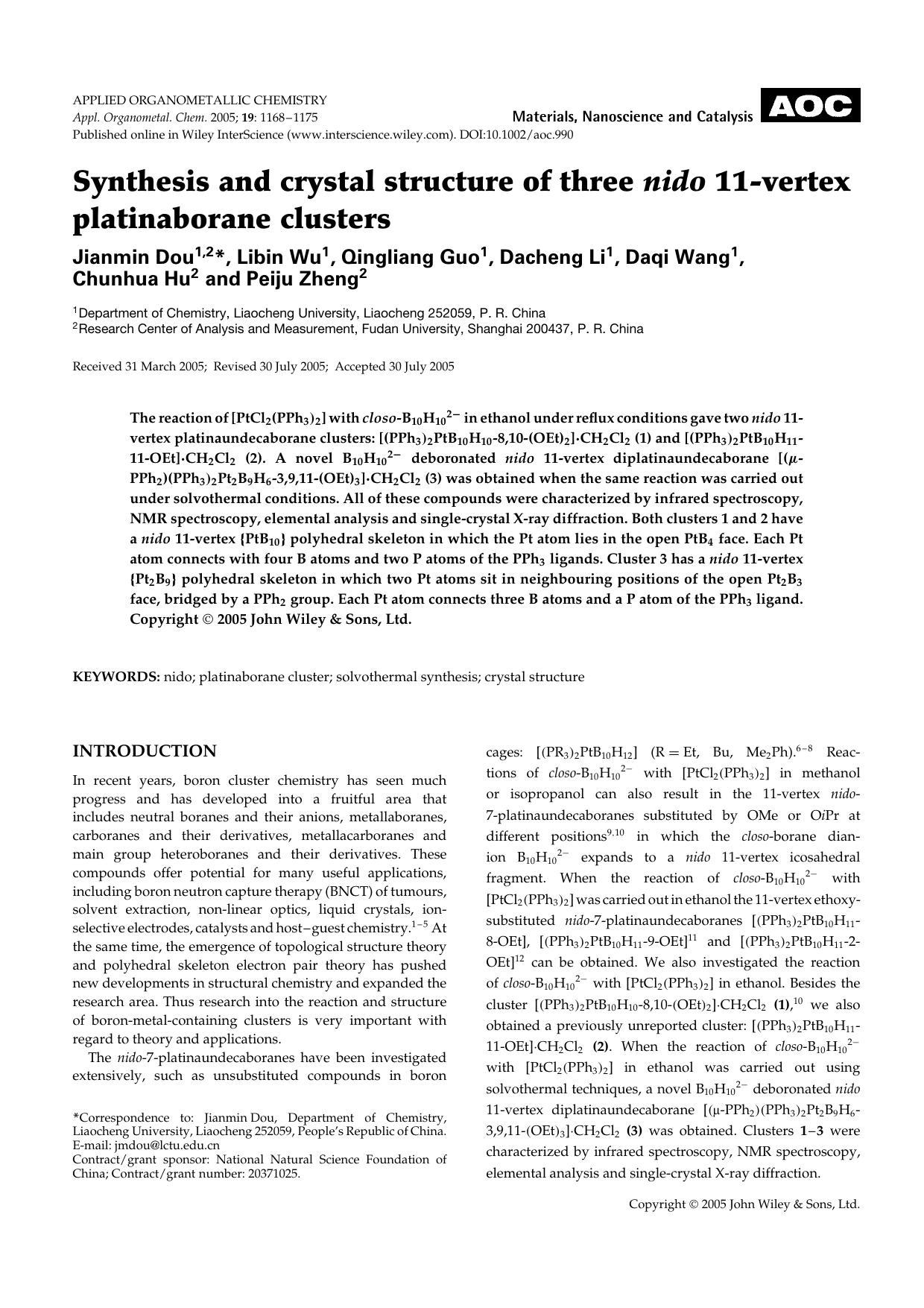 Synthesis and crystal structure of three nido 11-vertex platinaborane clusters by Unknown