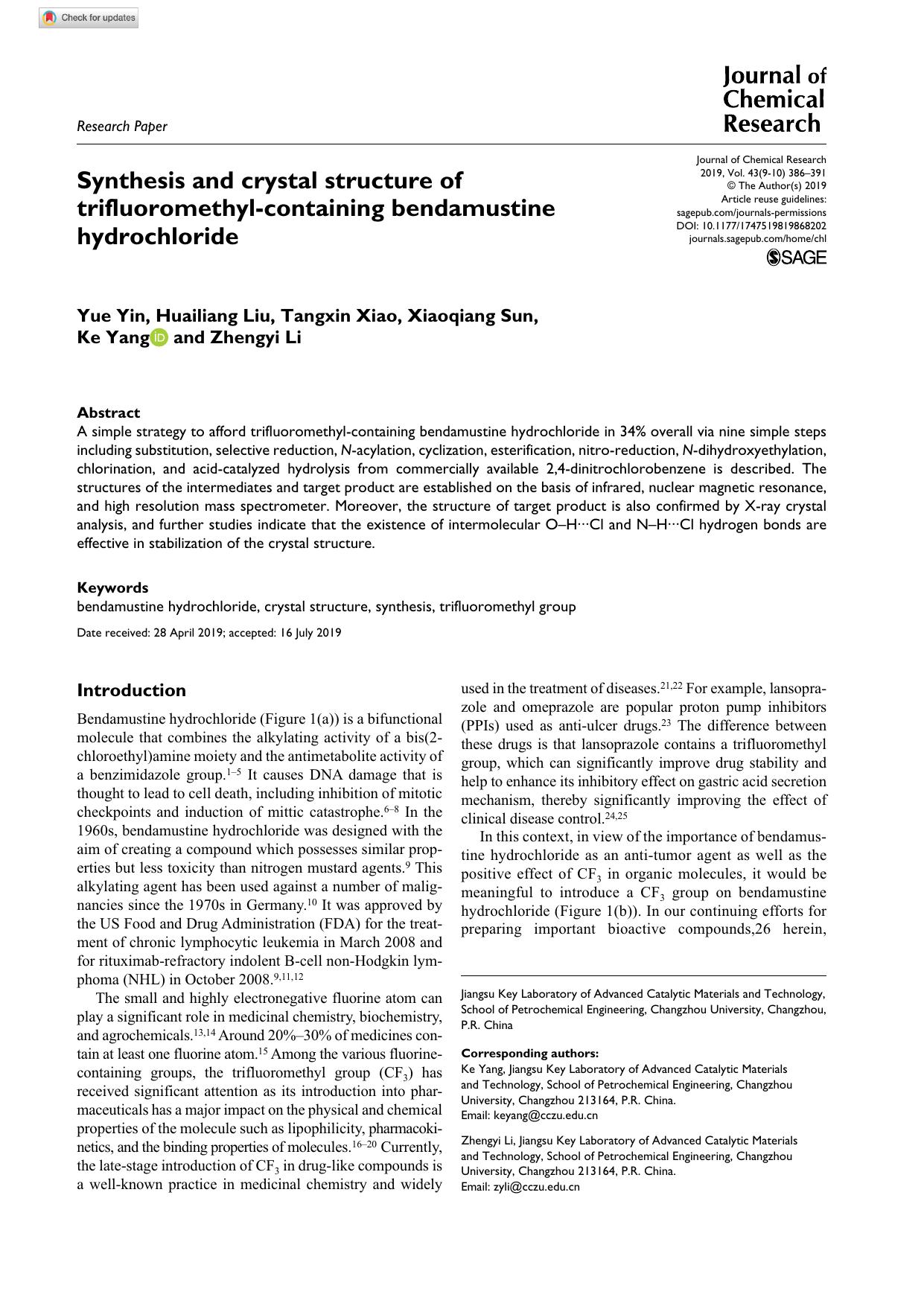 Synthesis and crystal structure of trifluoromethyl-containing bendamustine hydrochloride by Yue Yin Huailiang Liu Tangxin Xiao Xiaoqiang Sun Ke Yang & Zhengyi Li