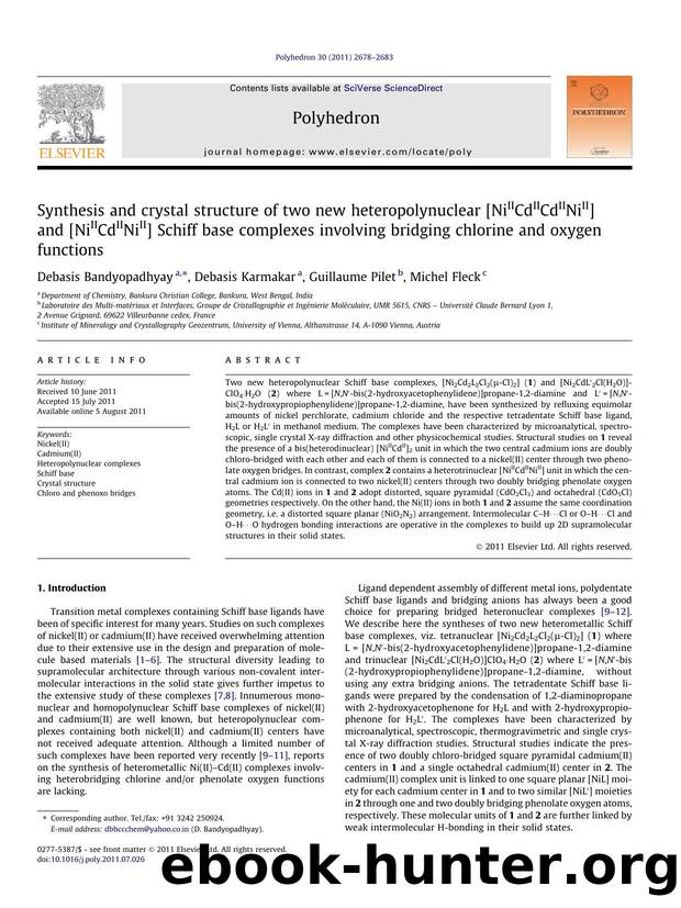 Synthesis and crystal structure of two new heteropolynuclear [NiIICdIICdIINiII] and [NiIICdIINiII] Schiff base complexes involving bridging chlorine and oxygen functions by Debasis Bandyopadhyay & Debasis Karmakar & Guillaume Pilet & Michel Fleck