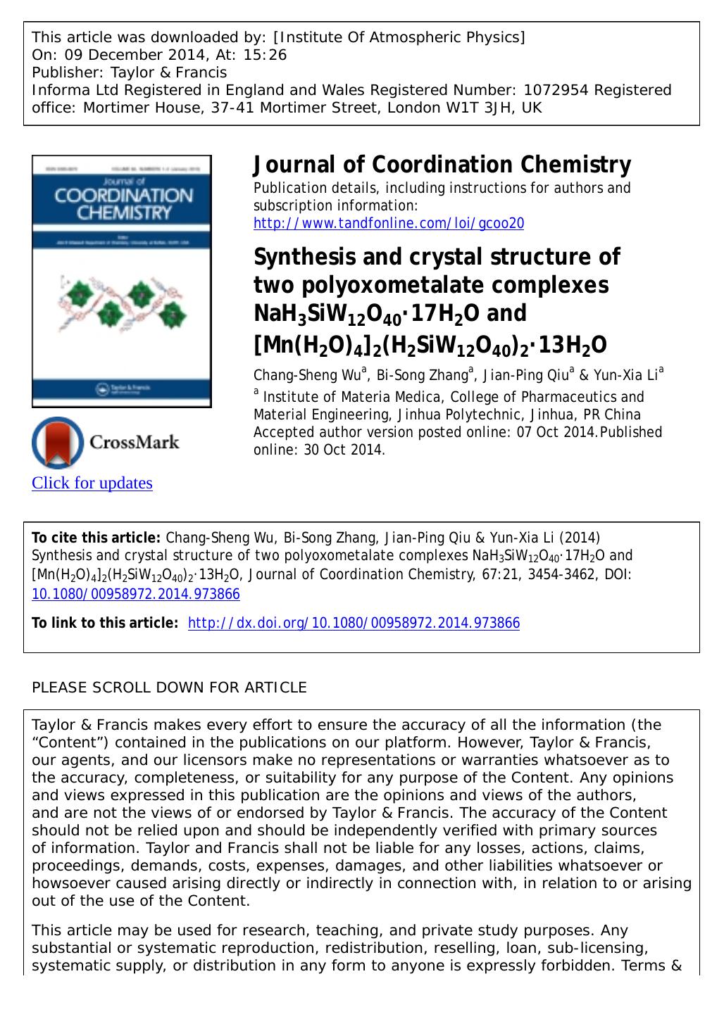 Synthesis and crystal structure of two polyoxometalate complexes NaH3SiW12O40Â·17H2O and [Mn(H2O)4]2(H2SiW12O40)2Â·13H2O by Chang-Sheng Wu