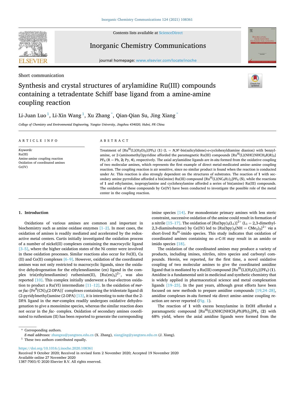 Synthesis and crystal structures of arylamidine Ru(III) compounds containing a tetradentate Schiff base ligand from a amine-amine coupling reaction by Li-Juan Luo