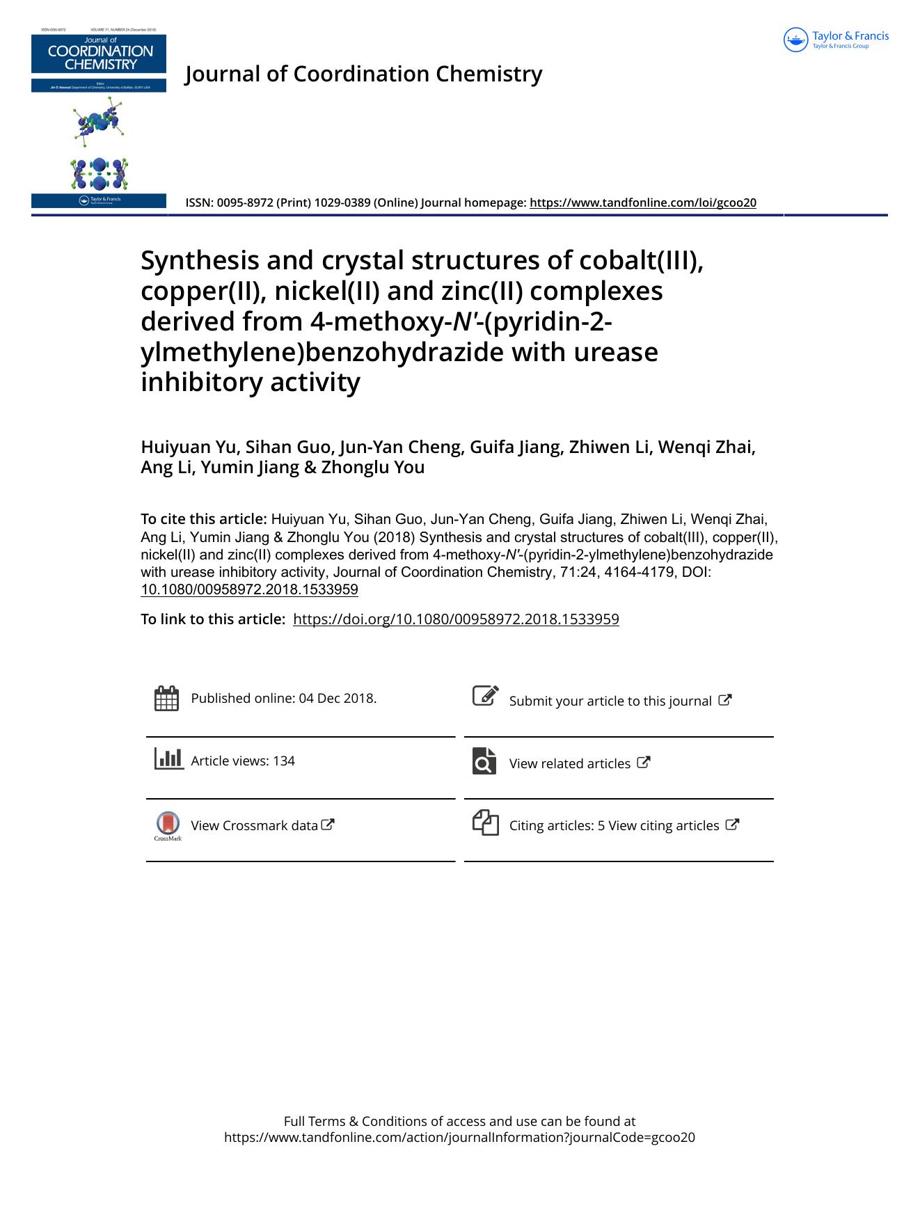 Synthesis and crystal structures of cobalt(III), copper(II), nickel(II) and zinc(II) complexes derived from 4-methoxy-Nâ²-(pyridin-2-ylmethylene)benzohydrazide with urease inhibitory activity by unknow