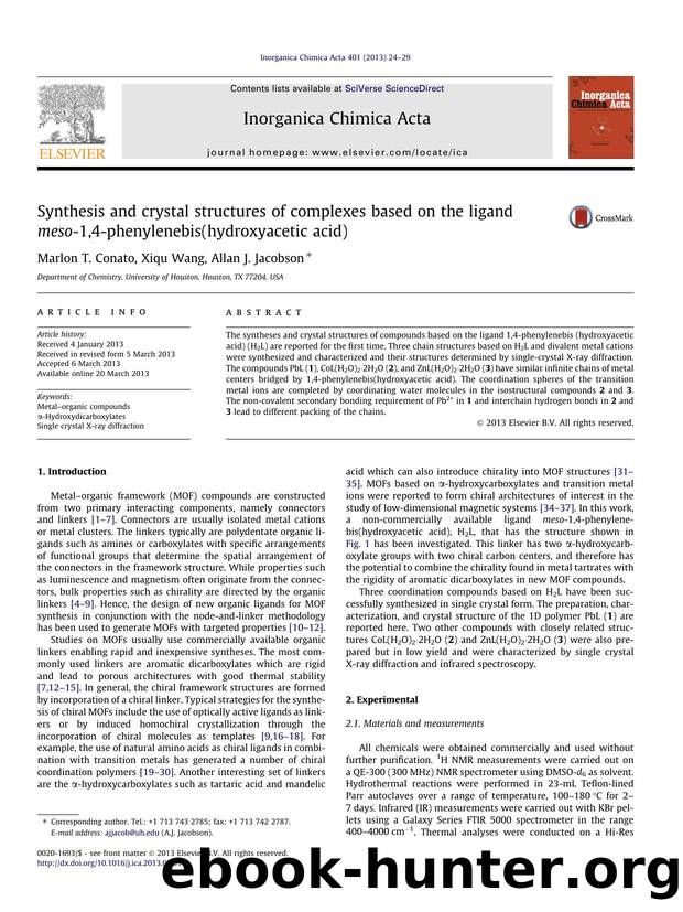 Synthesis and crystal structures of complexes based on the ligand meso-1,4-phenylenebis(hydroxyacetic acid) by Marlon T. Conato & Xiqu Wang & Allan J. Jacobson