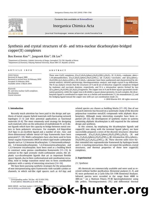 Synthesis and crystal structures of di- and tetra-nuclear dicarboxylate-bridged copper(II) complexes by Bon Kweon Koo; Jungsook Kim; Uk Lee
