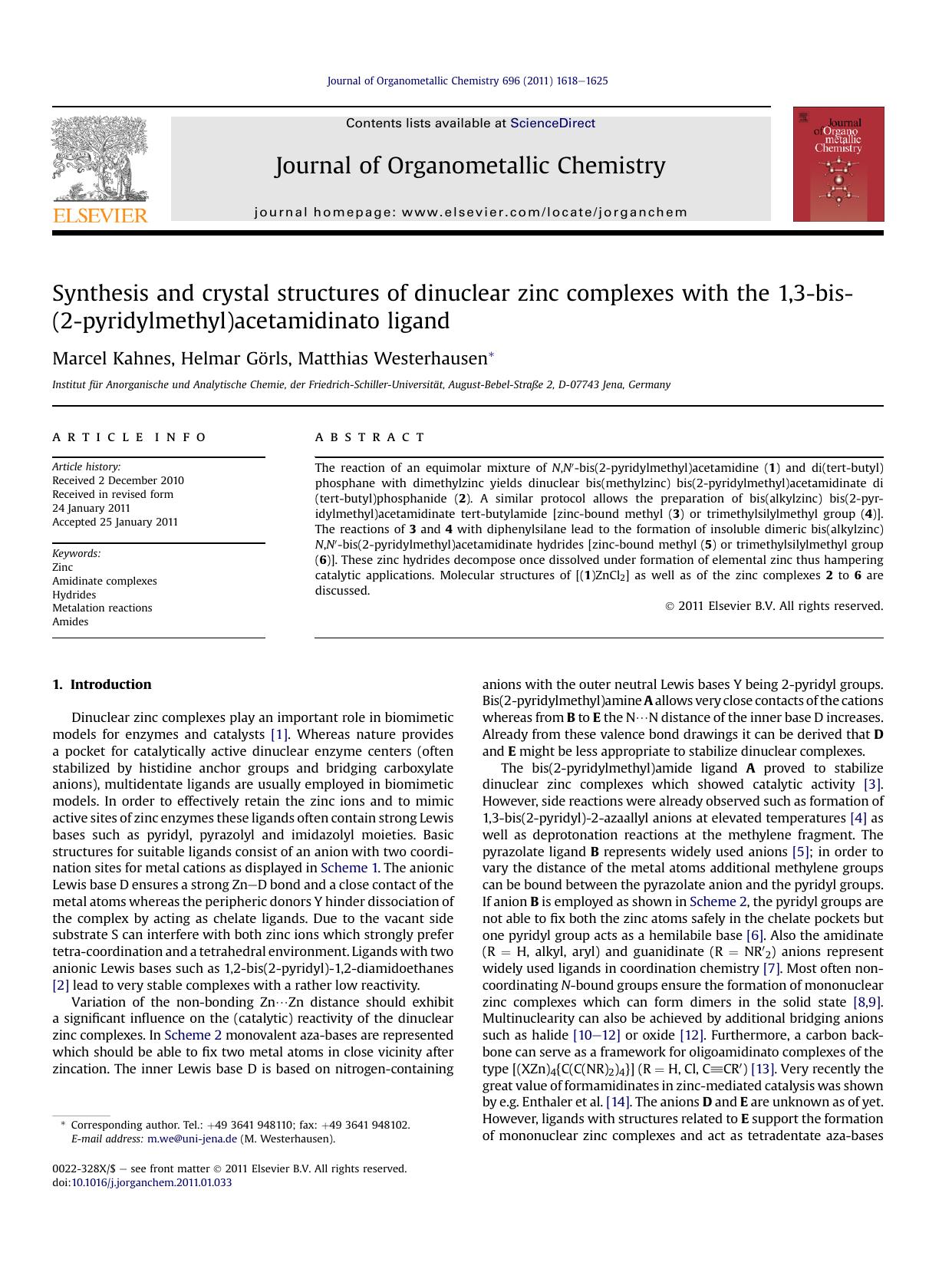 Synthesis and crystal structures of dinuclear zinc complexes with the 1,3-bis-(2-pyridylmethyl)acetamidinato ligand by Marcel Kahnes & Helmar Görls & Matthias Westerhausen