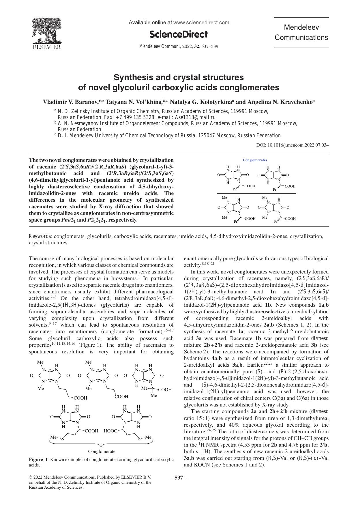 Synthesis and crystal structures of novel glycoluril carboxylic acids conglomerates by Vladimir V. Baranov & Tatyana N. Vol'khina & Natalya G. Kolotyrkina & Angelina N. Kravchenko