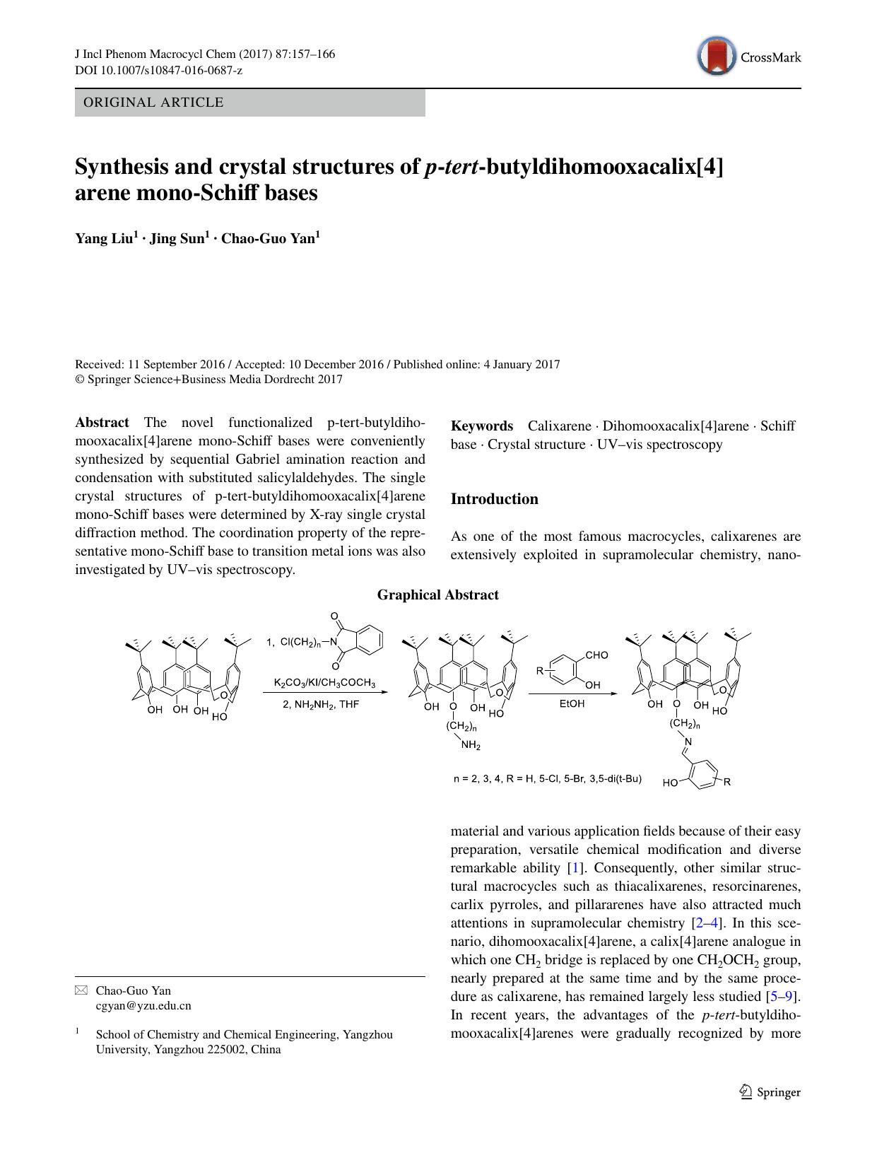Synthesis and crystal structures of p-tert-butyldihomooxacalix[4]arene mono-Schiff bases by Yang Liu