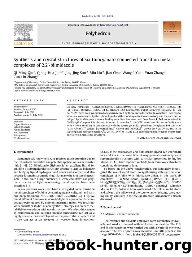 Synthesis and crystal structures of six thiocyanato-connected transition metal complexes of 2,2Ã¢â¬Â²-biimidazole by unknow