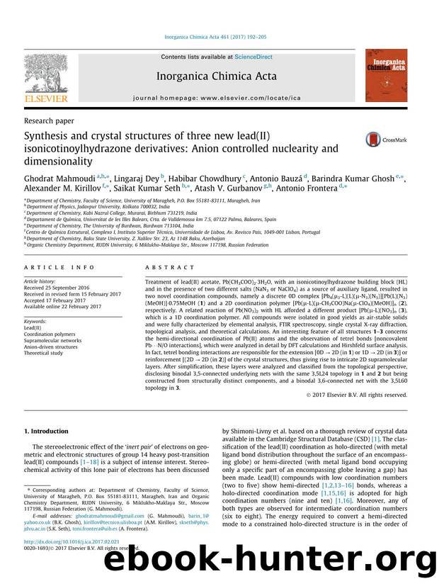 Synthesis and crystal structures of three new lead(II) isonicotinoylhydrazone derivatives: Anion controlled nuclearity and dimensionality by unknow