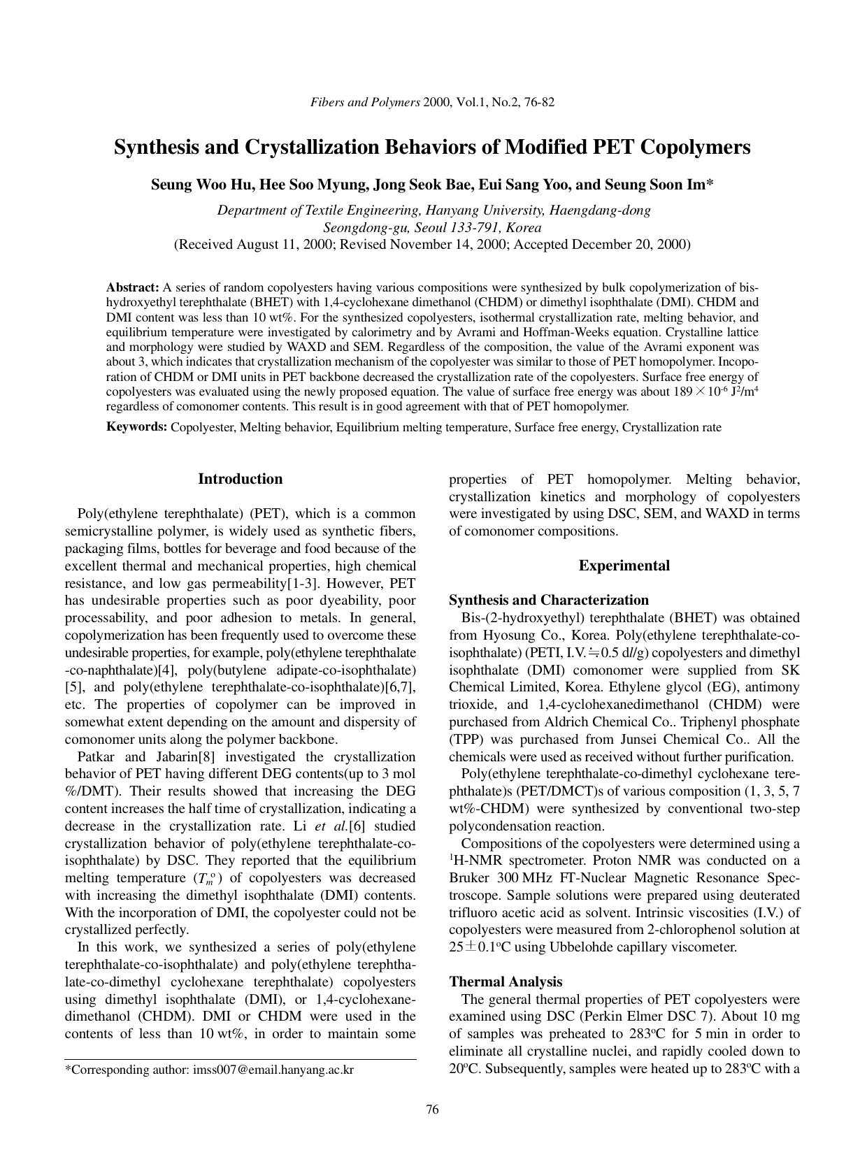 Synthesis and crystallization behaviors of modified PET copolymers by Unknown