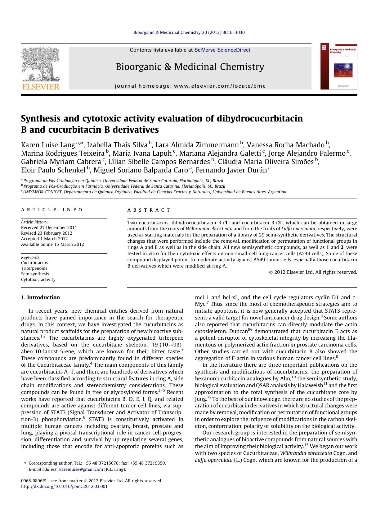 Synthesis and cytotoxic activity evaluation of dihydrocucurbitacin B and cucurbitacin B derivatives by unknow