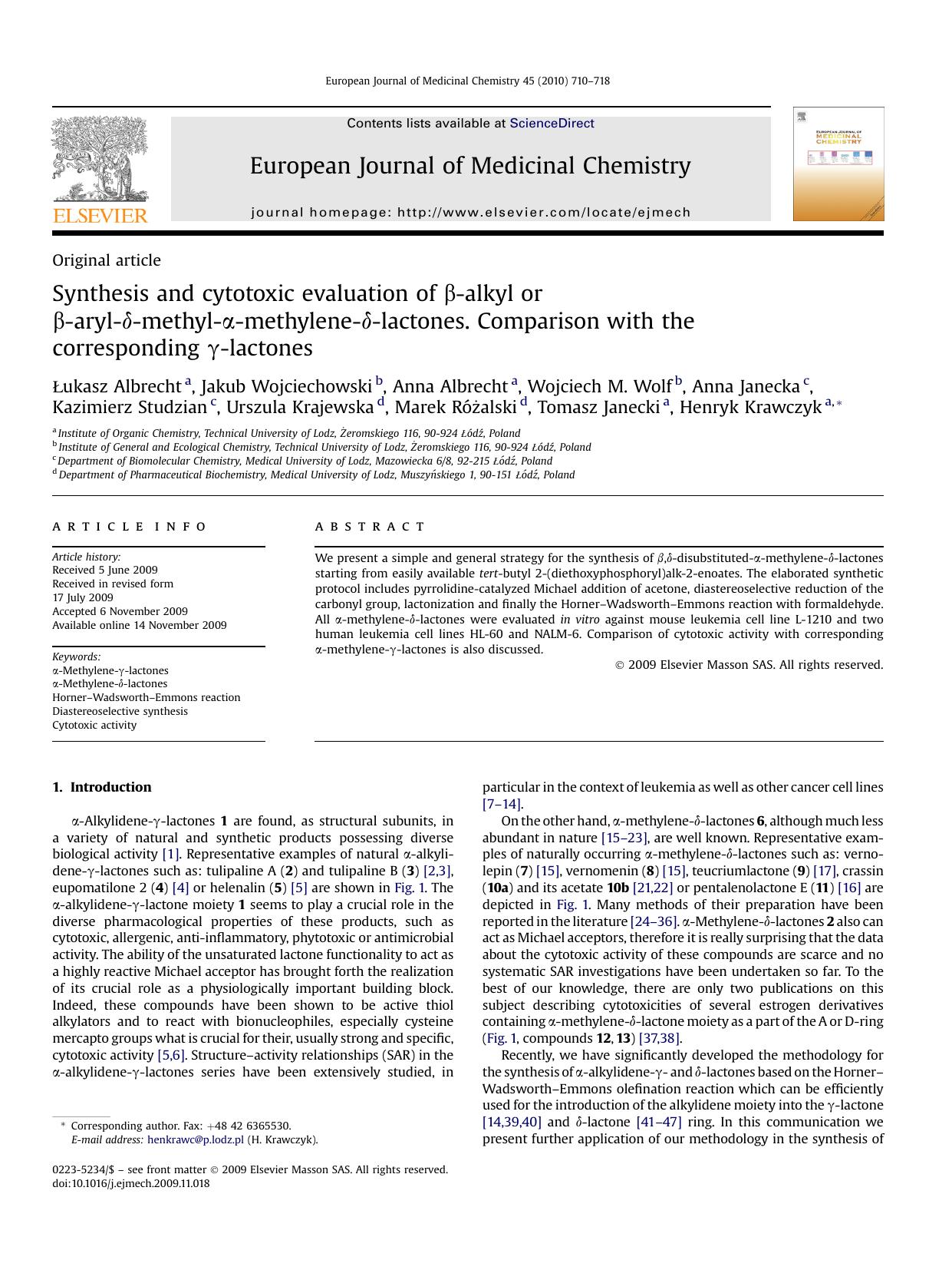 Synthesis and cytotoxic evaluation of &beta;-alkyl or &beta;-aryl-&delta;-methyl-&alpha;-methylene-&delta;-lactones. Comparison with the corresponding &gamma;-lactones by unknow