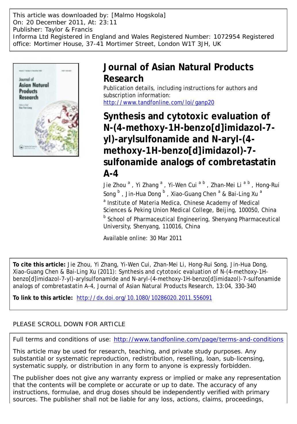 Synthesis and cytotoxic evaluation of N-(4-methoxy-1H-benzo[d]imidazol-7-yl)-arylsulfonamide and N-aryl-(4-methoxy-1H-benzo[d]imidazol)-7-sulfonamide analogs of combretastatin A-4 by unknow