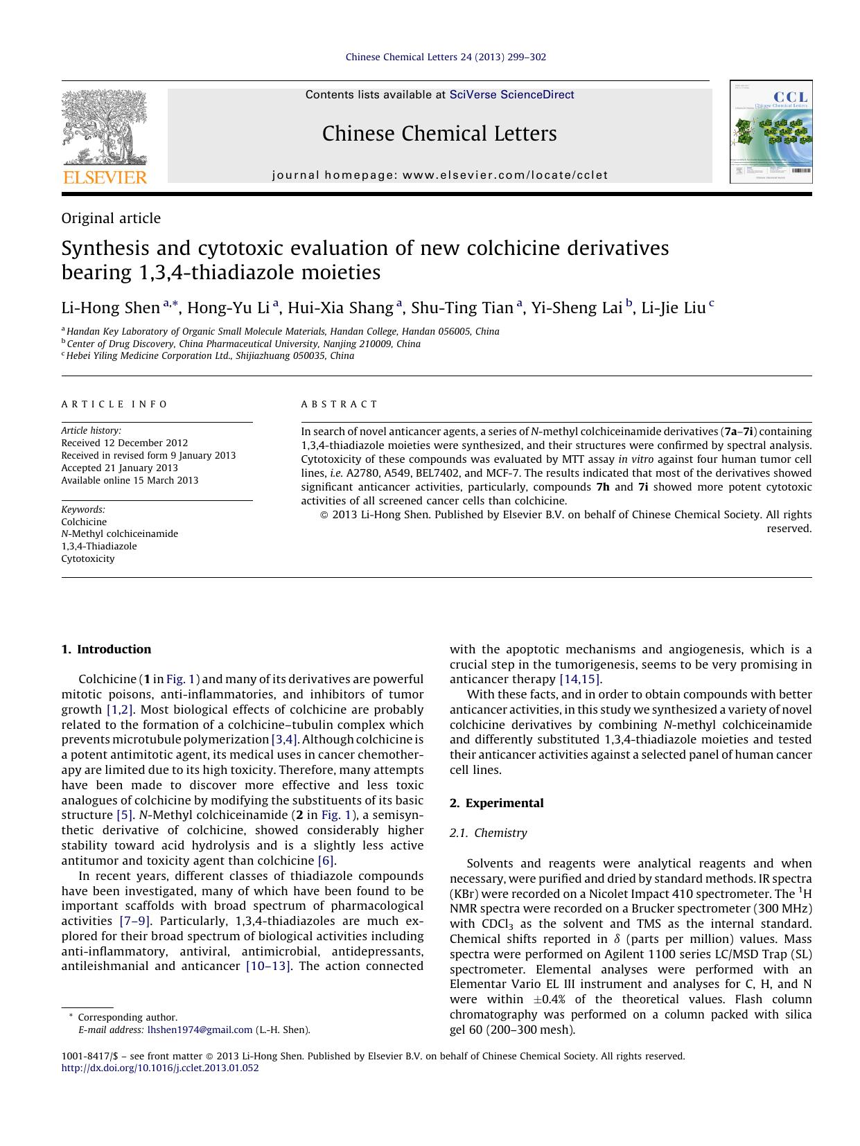 Synthesis and cytotoxic evaluation of new colchicine derivatives bearing 1,3,4-thiadiazole moieties by Li-Hong Shen