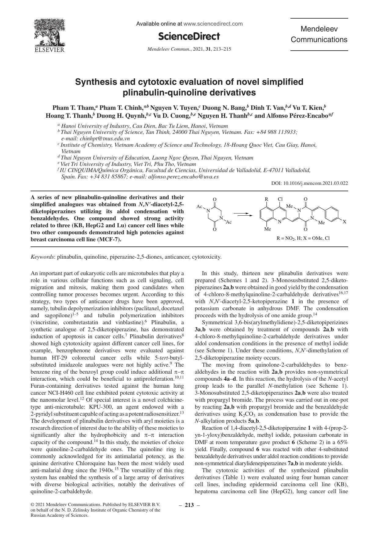 Synthesis and cytotoxic evaluation of novel simplified plinabulin-quinoline derivatives by unknow