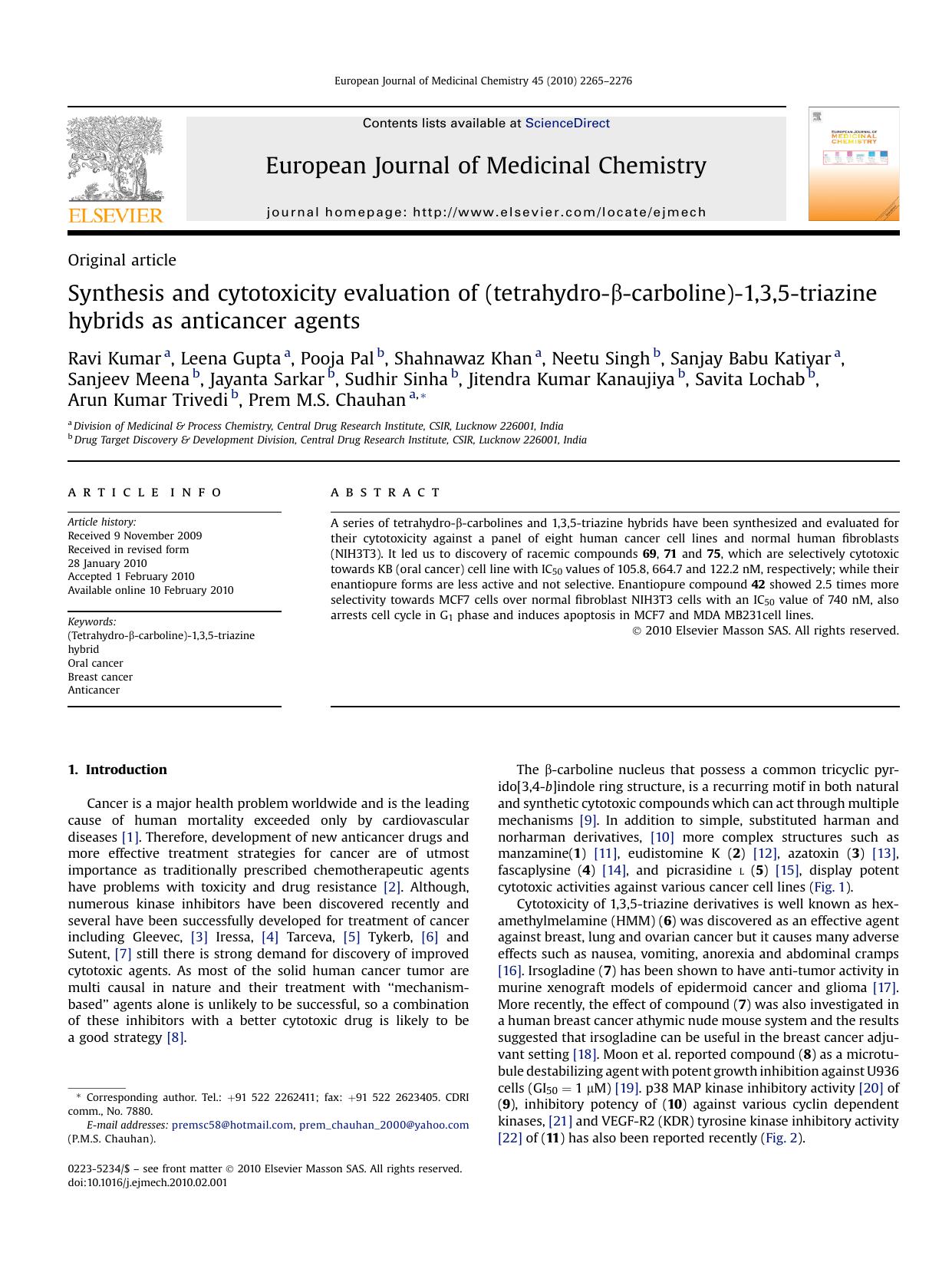 Synthesis and cytotoxicity evaluation of (tetrahydro-&beta;-carboline)-1,3,5-triazine hybrids as anticancer agents by unknow